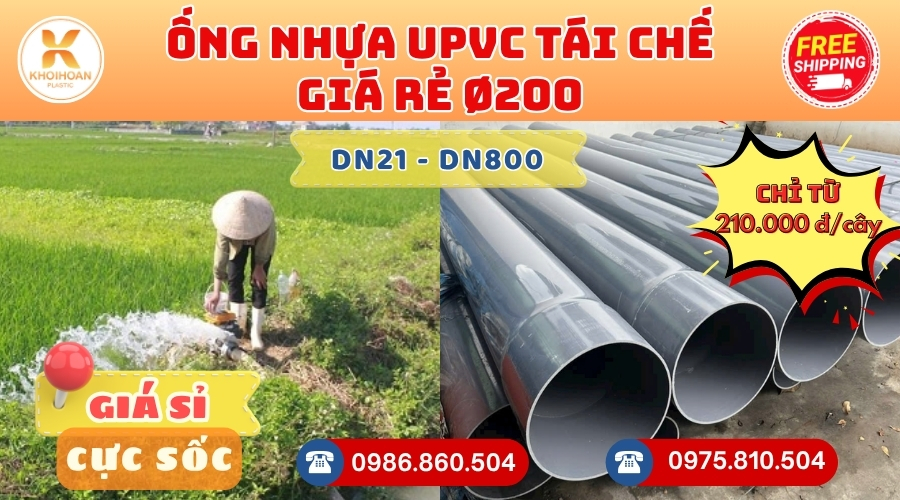 Ống Nhựa Tái Chế Giá Rẻ Phi 200 uPVC CHIẾT KHẤU CAO nhất thị trường CHỈ TỪ: 210.000 đ/cây Giá Sỉ, Sẵn Kho Số Lượng Lớn Liên hệ Đặt hàng Giao Hàng Toàn Quốc Nhanh
