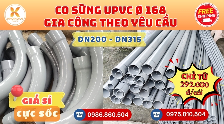 Khởi Hoàn chuyên phụ kiện gia công theo yêu cầu: Co Sừng uPVC phi 168 CHỈ TỪ: 292.000đ/cái Sẵn kho số lượng lớn, giao nhanh toàn quốc. Bao sỉ, lẻ, công trình