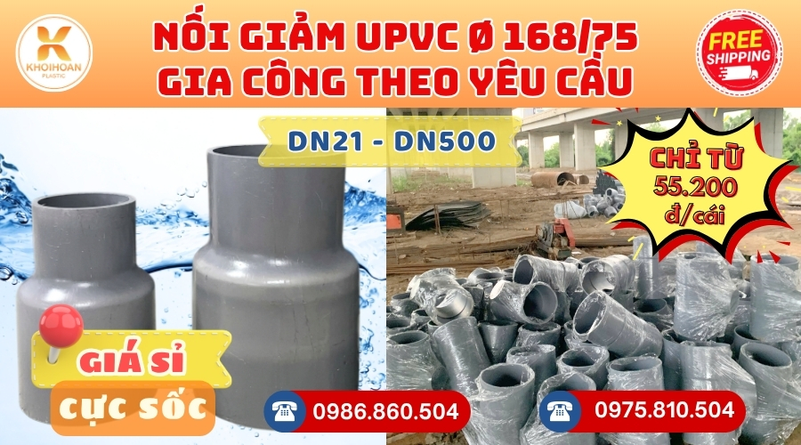 Khởi Hoàn chuyên phụ kiện gia công theo yêu cầu: Nối Giảm uPVC phi 168/75 gia công theo yêu cầu. CHỈ TỪ: 55.200đ/cái Sẵn kho số lượng lớn, giao nhanh toàn quốc