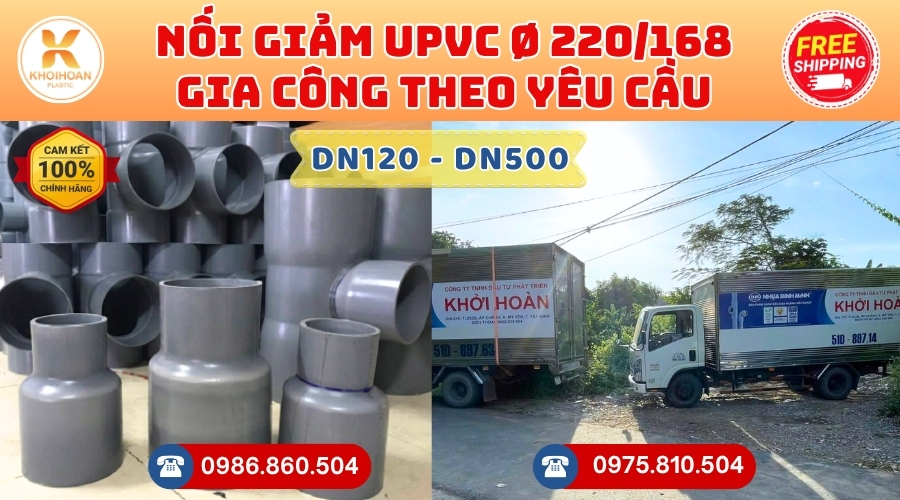Khởi Hoàn chuyên phụ kiện gia công theo yêu cầu: Nối Giảm uPVC phi 220/168 gia công theo yêu cầu. CHỈ TỪ: 91.200đ/cái Sẵn kho số lượng lớn, giao nhanh toàn quốc