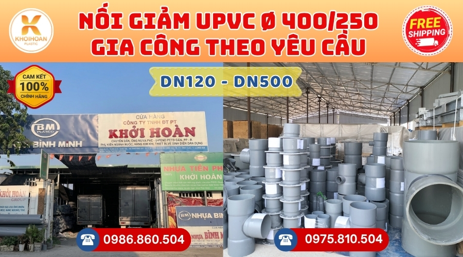 Khởi Hoàn chuyên phụ kiện gia công theo yêu cầu: Nối Giảm uPVC phi 400/250 gia công theo yêu cầu. CHỈ TỪ: 1.136.000đ/cái Sẵn kho số lượng lớn, giao nhanh toàn quốc