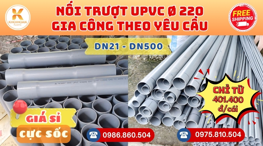 Khởi Hoàn chuyên phụ kiện gia công theo yêu cầu: Nối Trượt uPVC phi 220 gia công theo yêu cầu. CHỈ TỪ: 401.400đ/cái Sẵn kho số lượng lớn, giao nhanh toàn quốc