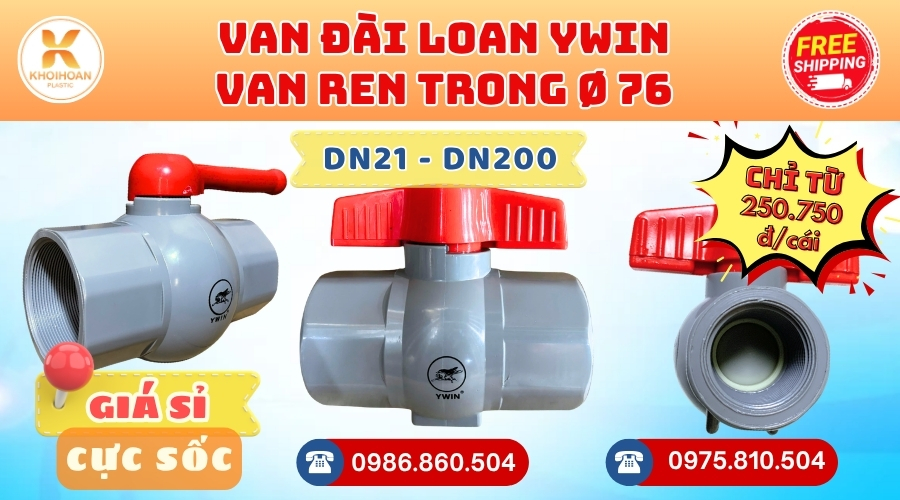 Khởi Hoàn chuyên cung cấp phụ kiện ngành nước. Van Ren Trong uPVC Phi 76 YWin Đài Loan. CHỈ TỪ: 250.750đ/cái Sẵn kho số lượng lớn, giao nhanh toàn quốc