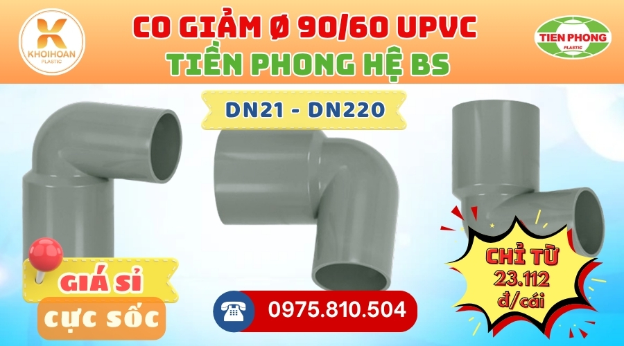 Khởi Hoàn chuyên phân phối ống nhựa, phụ kiện ngành nước Tiền Phong - Co Giảm uPVC Tiền Phong Phi 90/60 | GIÁ CHỈ TỪ: 23.112đ/cái | Sẵn kho số lượng lớn, giao nhanh toàn quốc