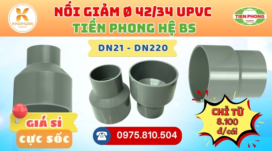 Khởi Hoàn chuyên phân phối ống nhựa, phụ kiện ngành nước Tiền Phong - Nối Giảm uPVC Tiền Phong Phi 42/34 | GIÁ CHỈ TỪ: 8.100đ/cái | Sẵn kho số lượng lớn, giao nhanh toàn quốc